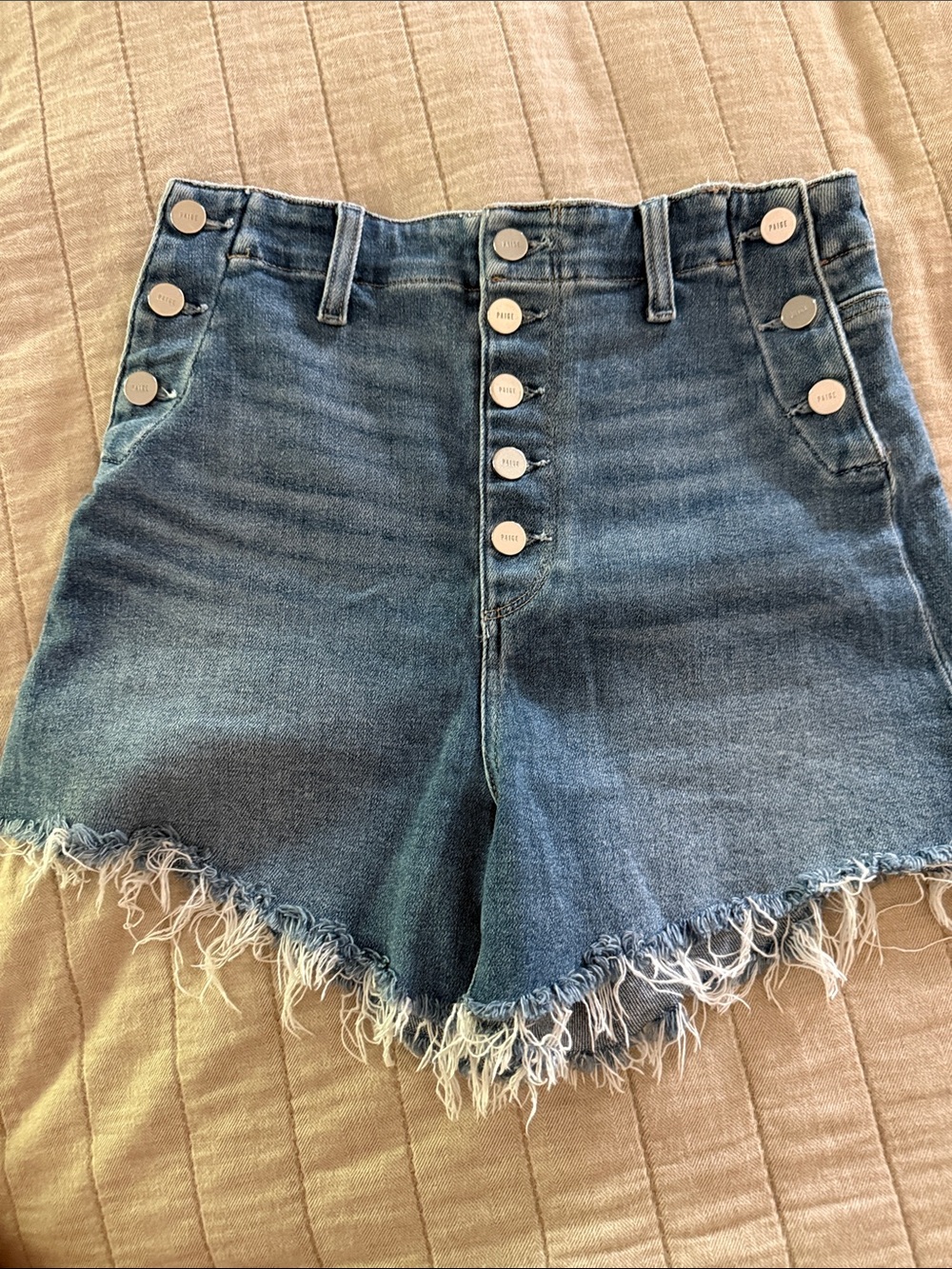 PAIGE Distressed High-Rise Button-Fly Denim Shorts in Blue